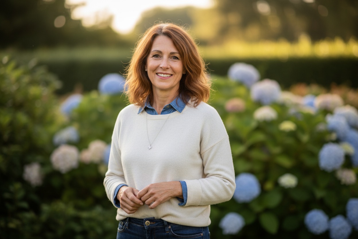 A middle-aged woman with shoulder-length reddish-brown hair stands in front of a garden with blue hydrangeas, smiling and wearing a cream-colored sweater over a denim shirt.